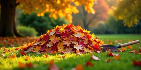 Autumnal foliage pile next to a garden rake on a grassy lawn