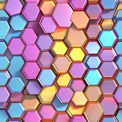 Colorful Hexagonal Pattern with Glossy Texture in Vibrant Shades of Blue, Pink, Yellow, and Purple Ideal for Modern Design and Abstract Backgrounds