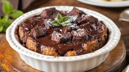 Warm chocolate bread pudding with a vanilla sauce