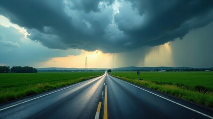 Fototapeta premium A Scenic Highway Through Lush Green Fields Under a Dramatic Stormy Sky