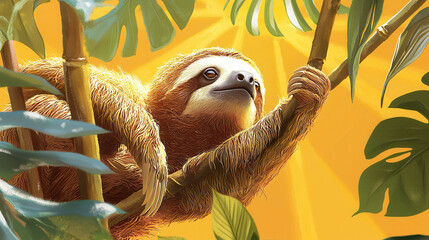 playful sloth relaxing on branch, surrounded by vibrant foliage and glowing sunshine. scene radiates warmth and tranquility