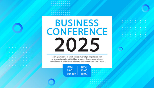 A modern banner template for a business conference or annual summit. A professional invitation poster for a corporate event or seminar with a blue abstract background.