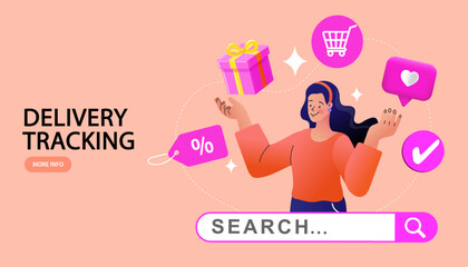 Online shopping. Ecommerce concept. Online delivery service concept. Fast delivery via mobile phone. Smartphone marketing and e-commerce. Man riding motorcycle. Vector outline illustration.