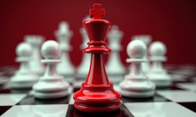 A Red chess king stands tall and resolute amidst a sea of white pawns on a chessboard, symbolizing leadership and strategy.