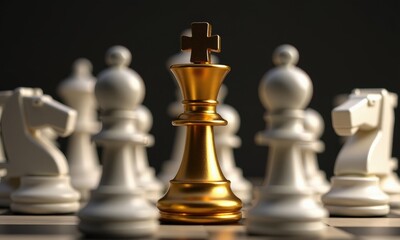 A golden chess king stands tall and resolute amidst a sea of white pawns on a chessboard, symbolizing leadership and strategy.