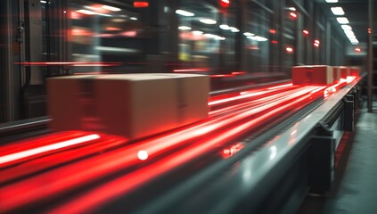 Cardboard boxes moving on a fast conveyor belt with red lights.