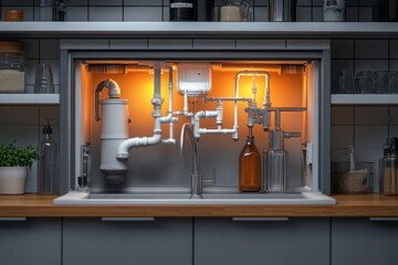 Intricate Kitchen Sink Plumbing System with Siphon and Pipe Arrangement