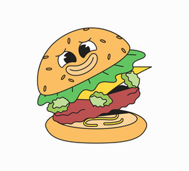 Smilling happy cartoon character burger with lettuce and cheese in vector retro hand drawn for restaurant promotions, food-related graphics, or packaging