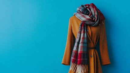Wool blend dress with a matching scarf on blue background
