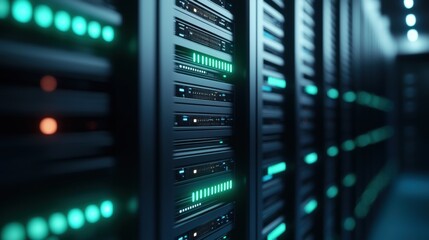 Modern data center with illuminated server racks