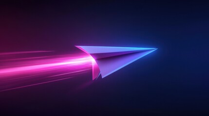 Futuristic paper airplane soaring through neon light trails