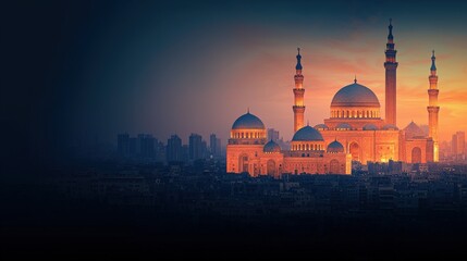 Monument cultural and iconic, A stunning silhouette of a grand mosque at sunset, featuring elegant minarets and domes against a colorful sky.