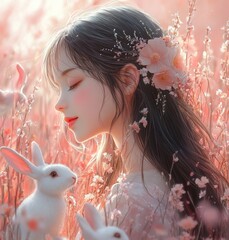 Whimsical Girl with Flowers and Playful Rabbits in Dreamy Pink Background