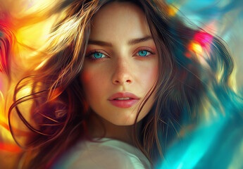 Closeup stylized portrait of a woman with flowing brown hair and striking blue eyes. The artwork uses vibrant, abstract brushstrokes and colorful highlights.