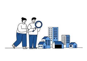 小さな家やビルの模型。住宅を見比べている夫婦のイラスト｜Small house and building models. Illustration of a couple comparing houses.