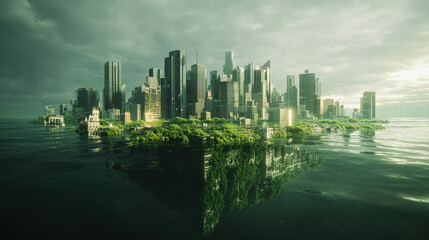 Obraz premium A submerged city skyline glowing under dramatic storm clouds, lush greenery reclaiming the ruins, water reflecting the hues of emerald and gold