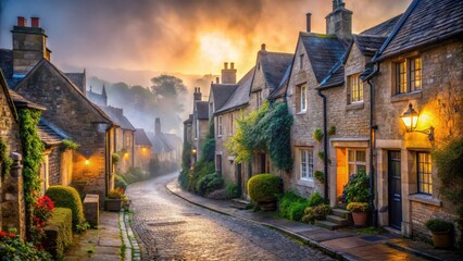Fototapeta premium Fog-shrouded stone houses huddle along a misty alley, creating a panoramic, atmospheric village scene.