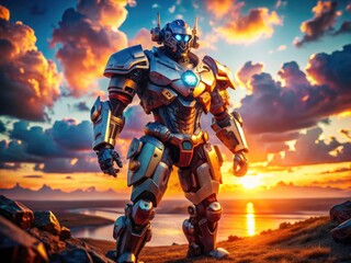 Fototapeta premium Futuristic mech battle armor bursts with vibrant color in this digital painting.