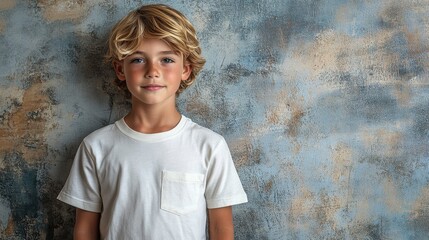 A young boy with wavy hair stands against a textured blue and brown background.