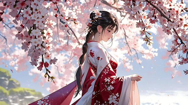 Kimono woman under cherry blossom tree in anime style. Seamless 4K looping timelapse video animation background