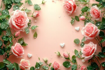 Romantic Pink Roses and Hearts Frame for Valentine's Day, Elegant Background with Delicate Raindrops and Green Leaves, Perfect for Love Themes and Celebrations