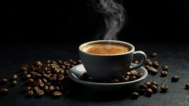 A cup of black coffee among coffee beans on a black background. Seamless 4K looping timelapse video animation