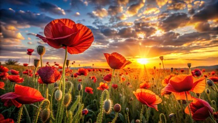 Fototapeta premium High-DOF photography captures a vibrant field of red poppies ablaze at sunset, a stunning golden hour scene.