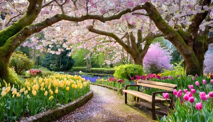 Obraz premium Fallen cherry blossoms carpet a path lined with colorful tulips, beneath a canopy of blooming trees.