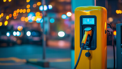A yellow electric vehicle charging station at night. The station has a digital display and a charging cable is plugged in. Blurred city lights are in the background.