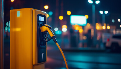 A yellow electric vehicle charging station at night. The station has a digital display and a charging cable is plugged in. Blurred city lights are in the background.
