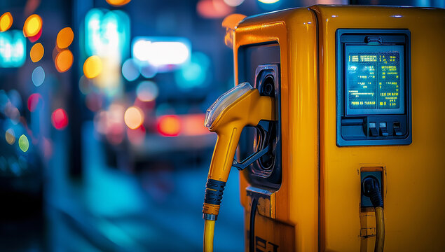 A yellow electric vehicle charging station at night. The station has a digital display and a charging cable is plugged in. Blurred city lights are in the background. - Powered by Adobe