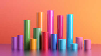 Colorful cylinder bar graph with vibrant hues on gradient background, showcasing modern design. This artistic representation emphasizes creativity and data visualization