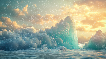 A surreal arctic scene of an ice wall collapsing into a turquoise ocean, illuminated by an overcast yet warm peach and teal sky. Snowflakes gently cascade over the scene, blending with the icy spray a