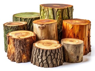 Fototapeta premium Isolated tree stumps against a white background; high-resolution nature photography ideal for stock use.