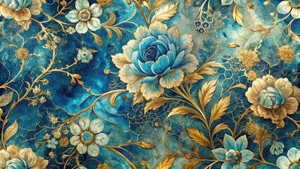 Luxurious blue gold marble floral texture; abstract art background for elegant wallpaper.