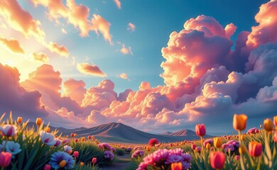 A surreal landscape with towering, otherworldly mountains and a winding river, bathed in the warm glow of a dramatic sunset.