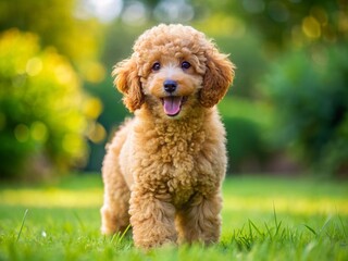 Fototapeta premium Hilarious Light Brown Poodle Puppy Giggles on Green Lawn - Vertical Portrait
