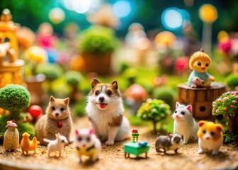 Fototapeta premium Miniature worlds: Adorable tilt-shift photos capture the charm of cute, fuzzy pets.