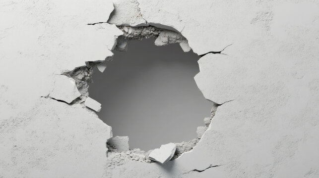 large hole breaking through multiple layers of cracked walls, revealing hidden space behind. texture and detail of wall create intriguing visual effect