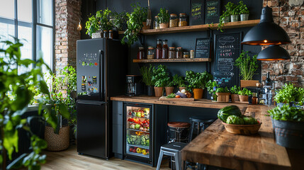 modern kitchen featuring compact energy efficient refrigerator, vibrant plants, and wooden shelves filled with jars and fresh produce