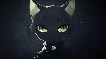 Portrait of a black cat on a black background, brown eyes, seen from the front