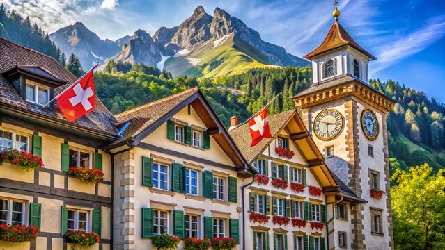 Historic Glarus Building, Swiss Flags & Clock Tower - Documentary Photography