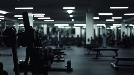 Fototapeta premium Empty modern gym interior with weights and exercise equipment, showcasing a sleek environment ideal for fitness enthusiasts and personal training sessions.