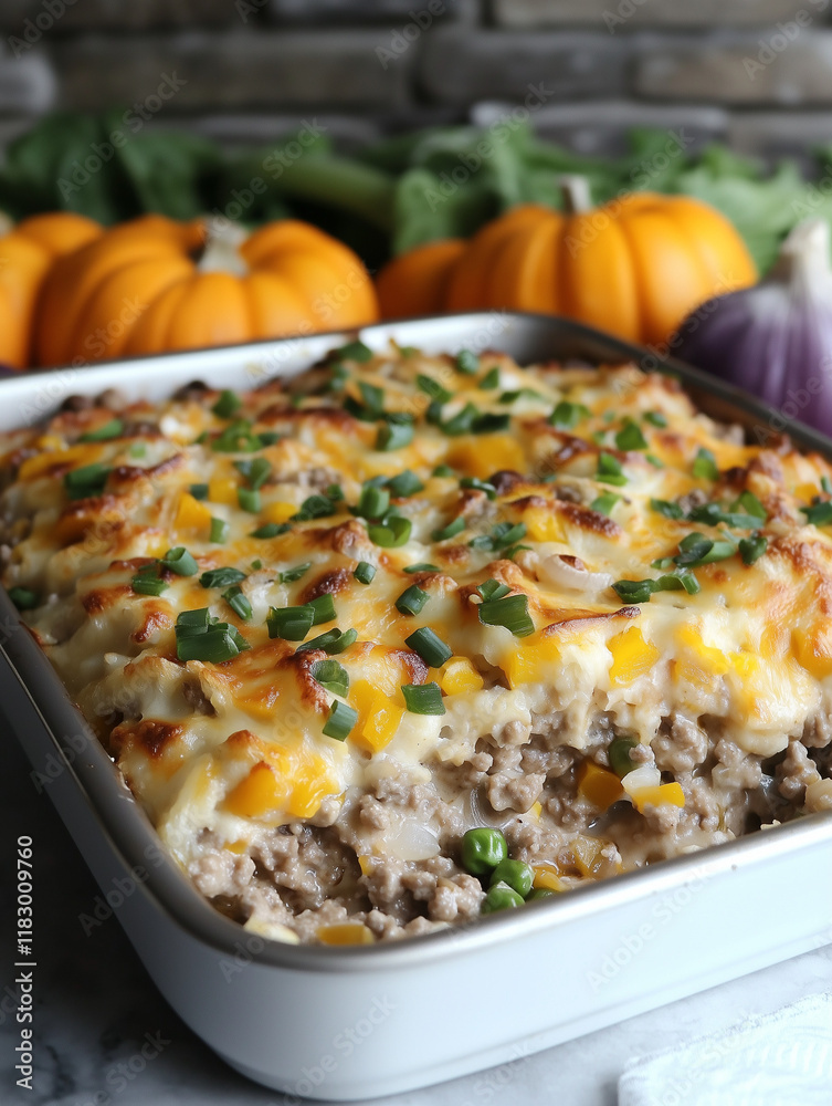 Wall mural Hearty Amish Hamburger with Fall Veggies Bake, Comforting One-Dish Meal