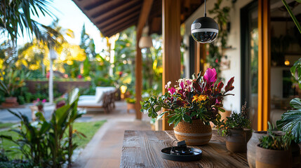 Fototapeta premium beautifully arranged outdoor space featuring wooden table adorned with vibrant flowers, surrounded by lush greenery and warm sunlight