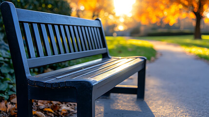 Park Bench in Lush Green Landscape, Tranquil Outdoor Scene