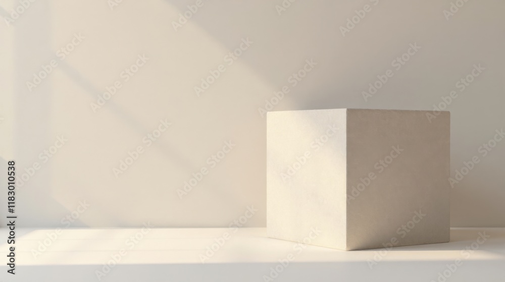 Poster minimalist white cube on a bright surface with soft sunlight