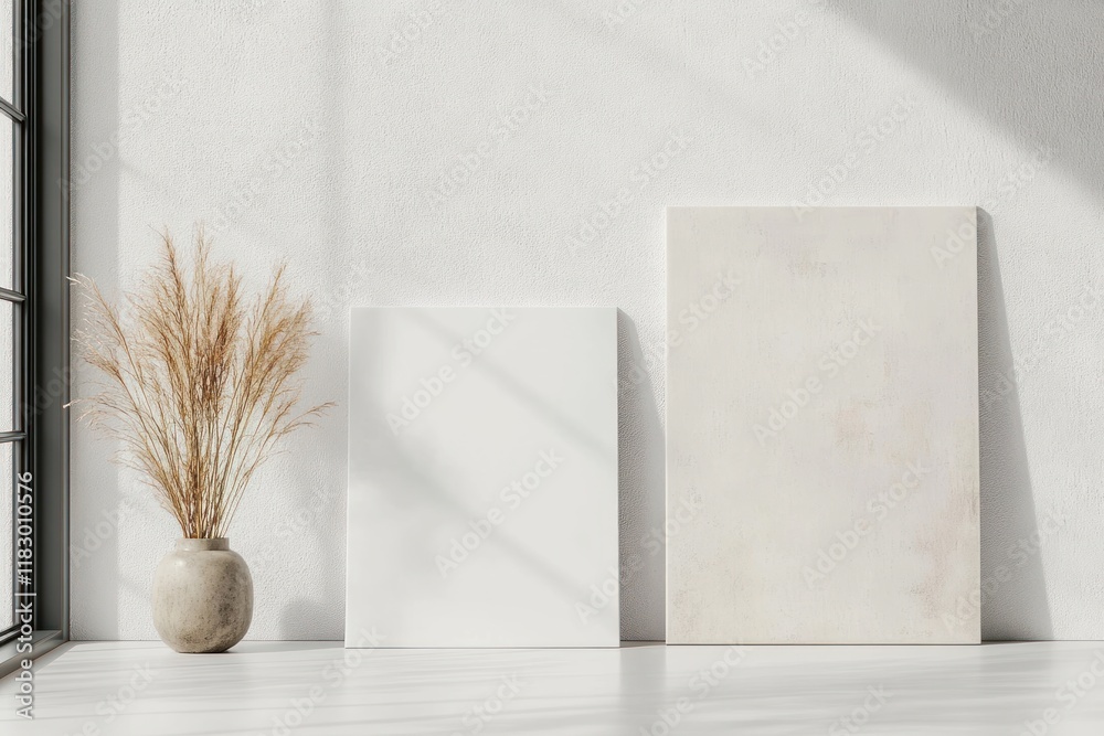 Poster minimalist interior scene with two blank canvases and decorative elements
