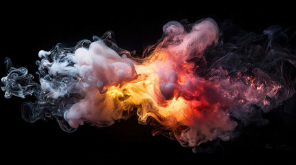 Fototapeta premium Colorful smoke swirling in vibrant hues of yellow, orange, and white, creating mesmerizing visual effect against dark background