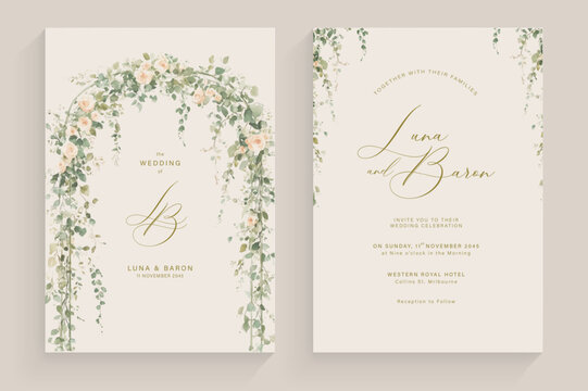 Aesthetic Wedding Invitation with Watercolor Greenery Leaves and branch